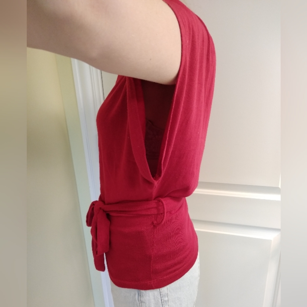 Gaby Short Sleeve Red Sweater Tie Waist Drop Waist Top Ladies Size Small - Picture 3 of 4